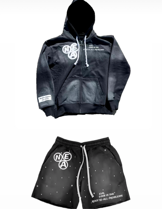 Black acid wash zip-up and shorts set